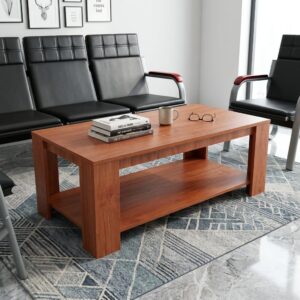 1.2m Wooden Coffee Table highlighting a rectangular engineered wood design with a rich cherry wood grain finish, a built-in lower storage shelf, and four thick block legs.