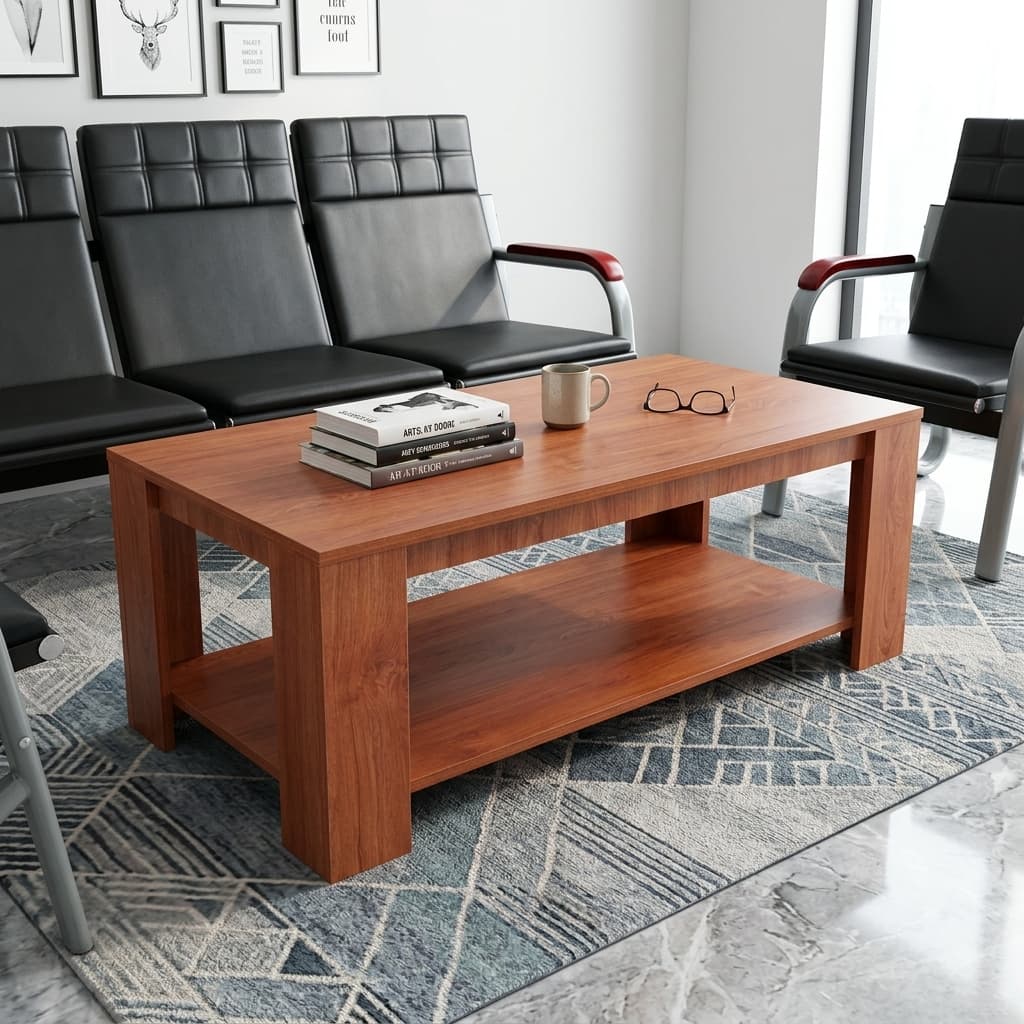 1.2M Wooden Coffee Table Highlighting A Rectangular Engineered Wood Design With A Rich Cherry Wood Grain Finish, A Built-In Lower Storage Shelf, And Four Thick Block Legs.