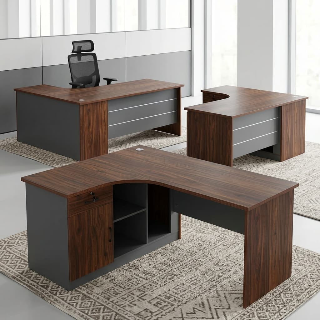 1600Mm Executive Desk With A Curved Wood-Grain Desktop, Dark Grey Panels, Circular Cable-Management Grommet, Lockable Drawer, Enclosed Cabinet, Open Shelves And Front Modesty Panel.