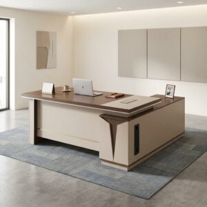 Supreme Executive Desk showcasing a 1.8-meter L-shaped wooden executive workstation with a dark walnut wood grain top, an off-white modesty panel, and an integrated cream writing pad inlay.