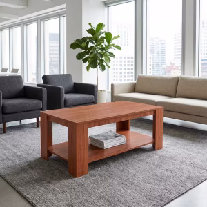 1.2m wooden coffee table with storage shelf for office reception and lounge areas.