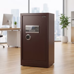 80Kg Heavy-Duty Digital Office Safe in brown with a thick open door, electronic keypad, large turning handle, four reinforced locking bolts, and multiple internal storage shelves.