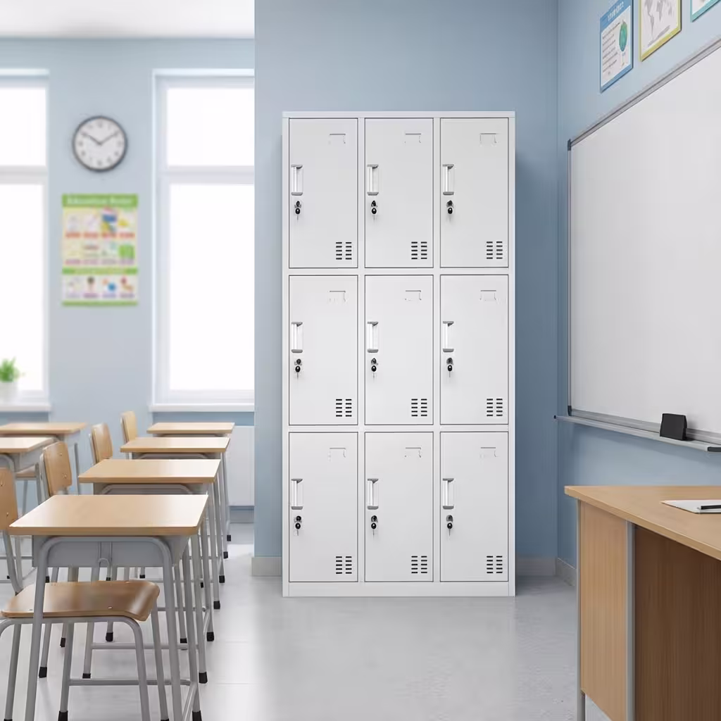 9-Compartment Steel Personnel Locker - Light Grey Multi-Tier Metal Storage Cabinet With Individual Keyed Locks And Ventilated Doors In A Modern Interior Setting.