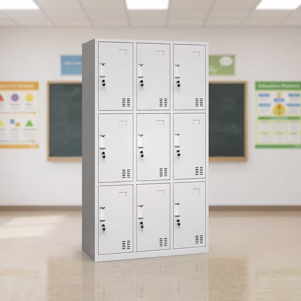 9-Compartment Steel Personnel Locker - Light Grey Multi-Tier Metal Storage Cabinet With Individual Keyed Locks And Ventilated Doors In A Modern Interior Setting.