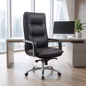 Executive High-Back Office Chair with padded leather upholstery and adjustable swivel base in a modern executive office