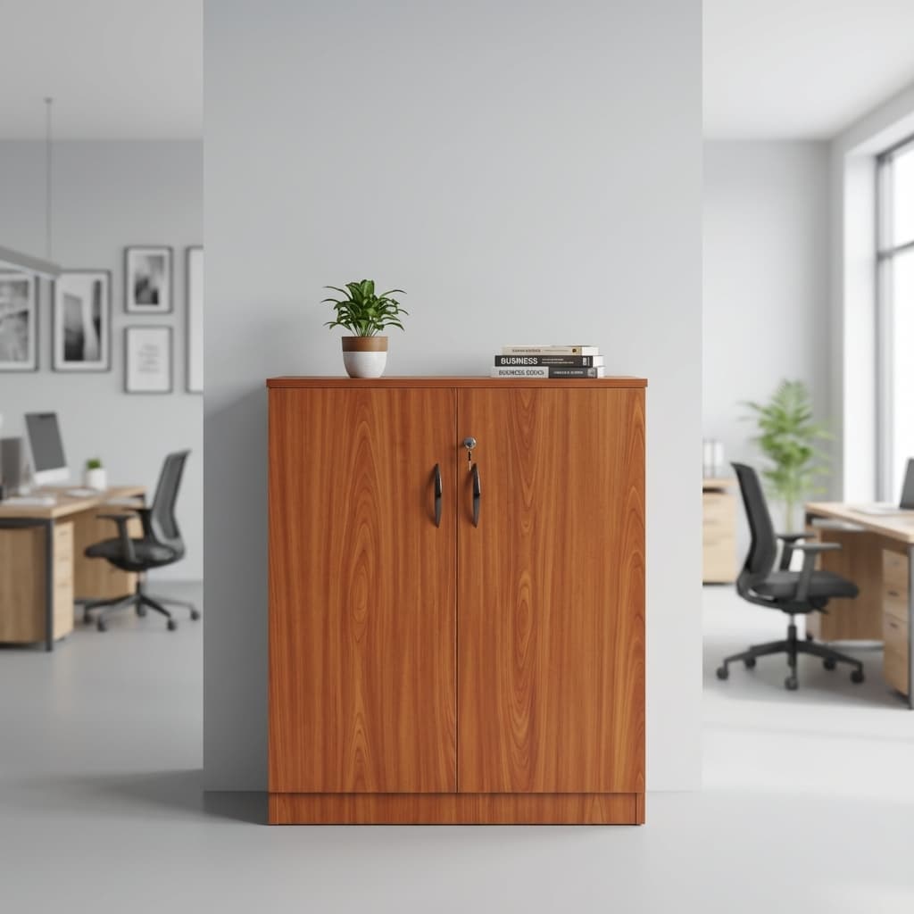Cherry Wood File Storage Credenza Featuring An Open Left Door, Twin Fixed-Tier Interior Shelving Holding Office Binders, Gold Bar Handles, And A Top-Door Security Lock.
