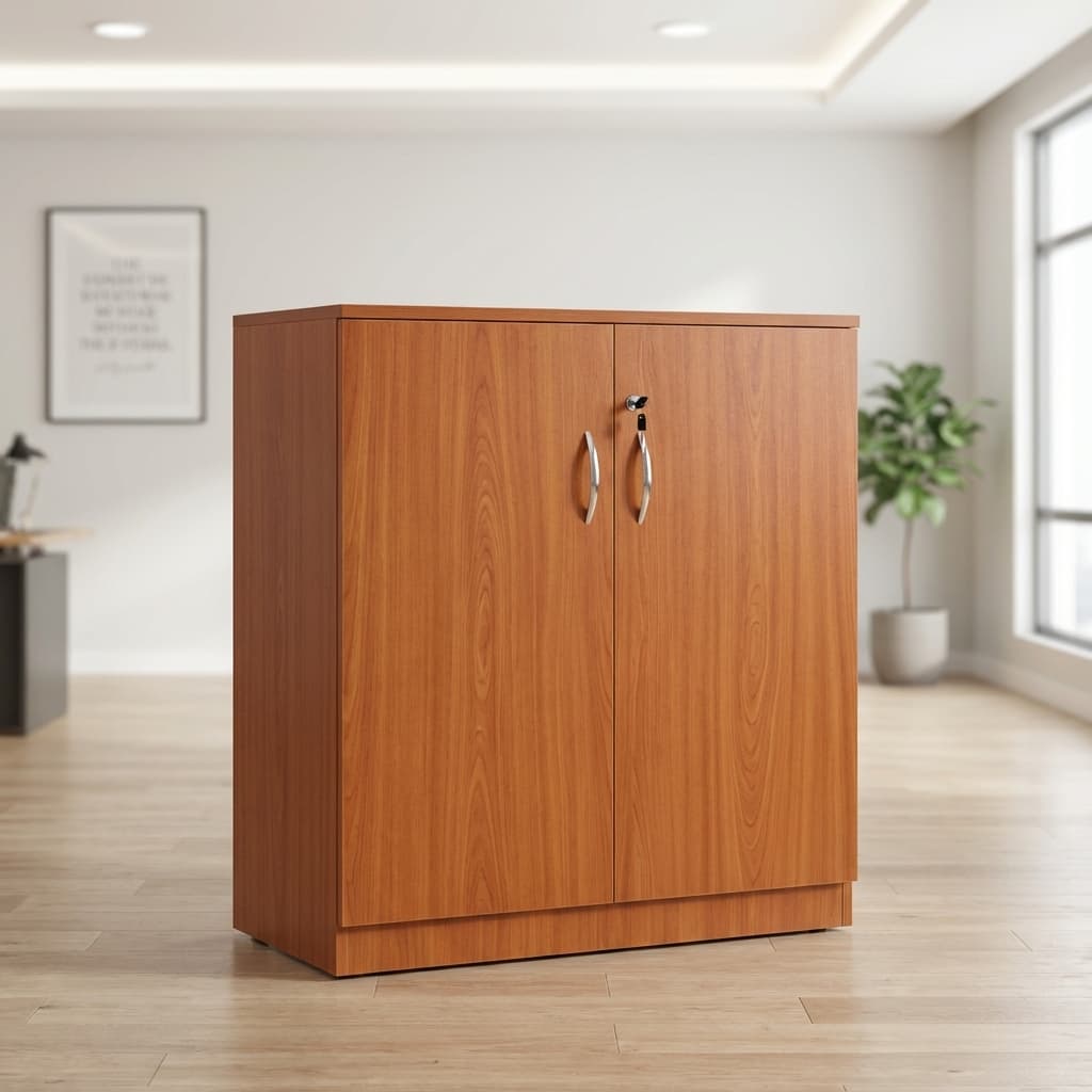 Cherry Wood File Storage Credenza Featuring An Open Left Door, Twin Fixed-Tier Interior Shelving Holding Office Binders, Gold Bar Handles, And A Top-Door Security Lock.