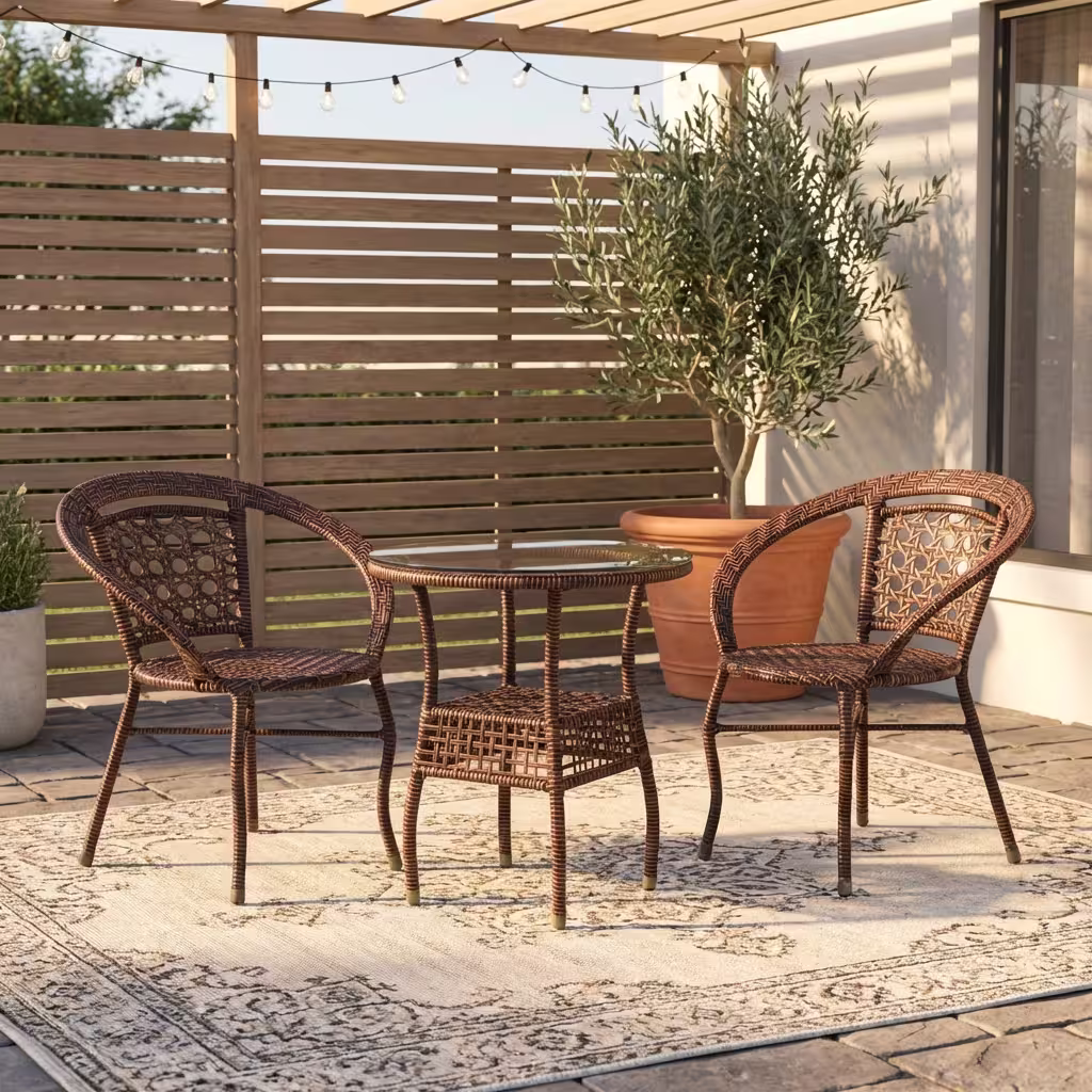 Milanese 3 Piece Bistro Set With Brown Rattan Chairs And A Glass Top Table On A Sunny Outdoor Stone Patio.