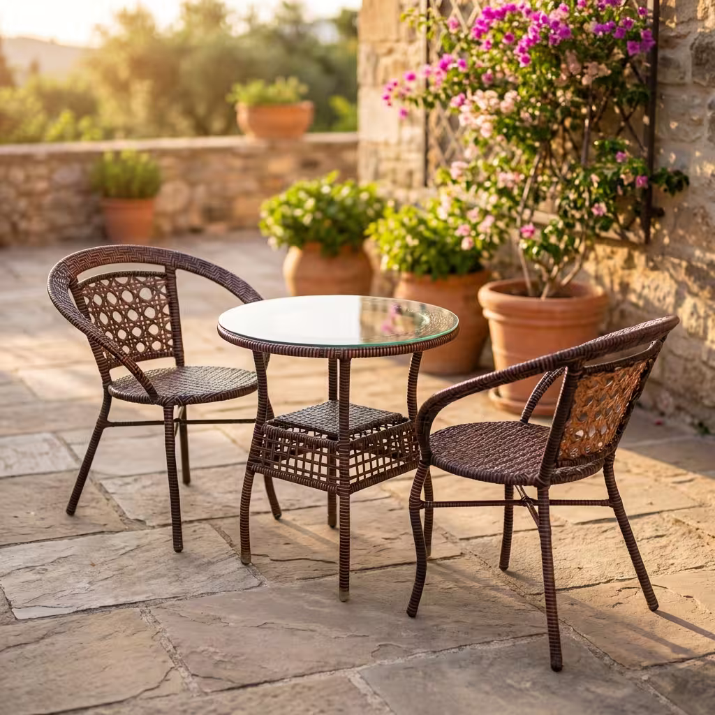 Milanese 3 Piece Bistro Set With Brown Rattan Chairs And A Glass Top Table On A Sunny Outdoor Stone Patio.