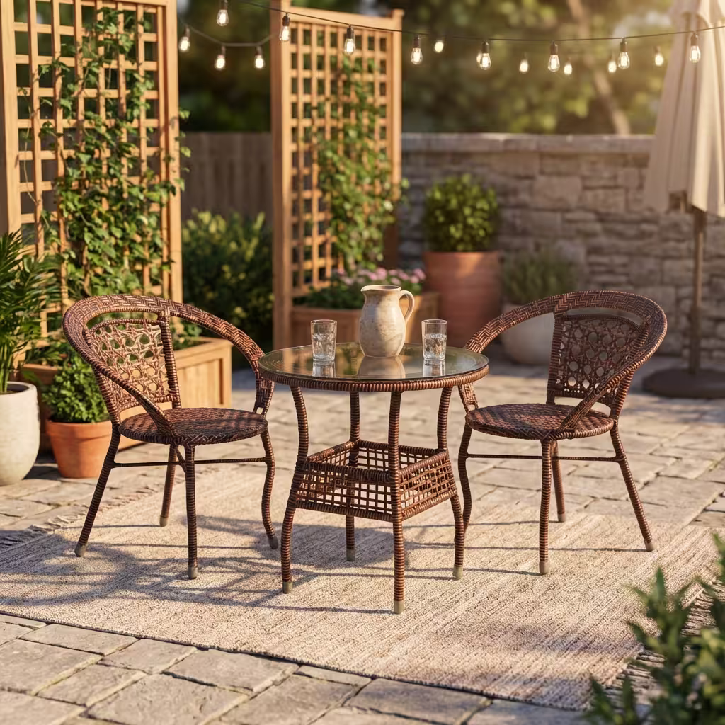 Milanese 3 Piece Bistro Set With Brown Rattan Chairs And A Glass Top Table On A Sunny Outdoor Stone Patio.