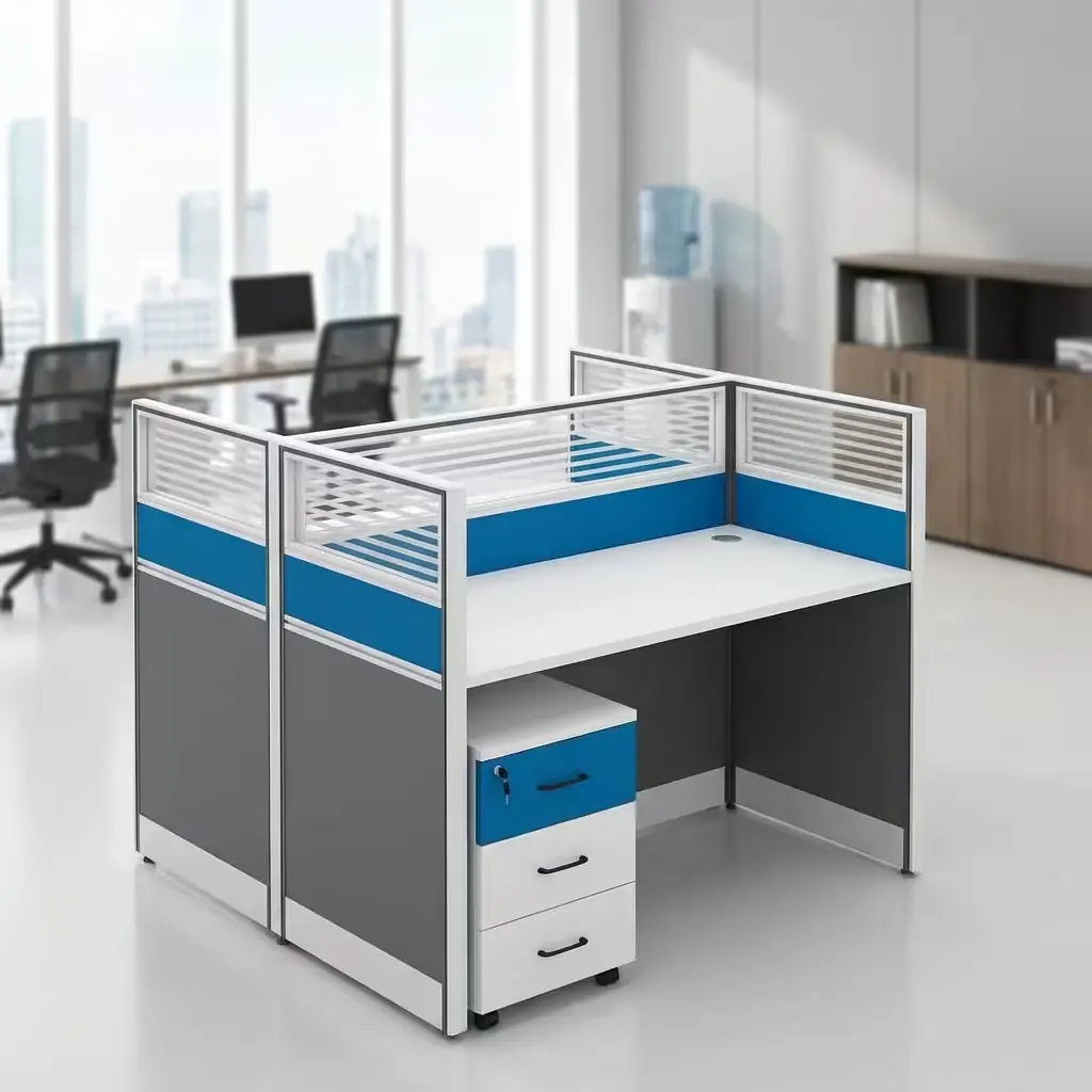 A Freestanding Modular Office Cubicle Configuration Featuring A White Desktop Surface, Blue And Gray Acoustic Privacy Panels, And A Matching Mobile File Drawer.