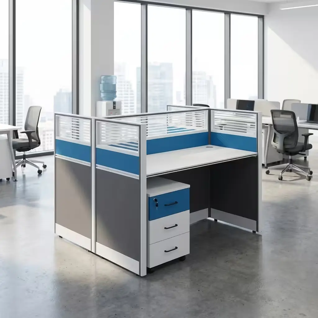 A Freestanding Modular Office Cubicle Configuration Featuring A White Desktop Surface, Blue And Gray Acoustic Privacy Panels, And A Matching Mobile File Drawer.