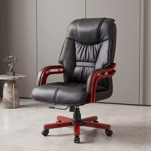 Executive Leather Office Chair with high-back padded seat, wooden armrests, and swivel base in a modern executive office setting