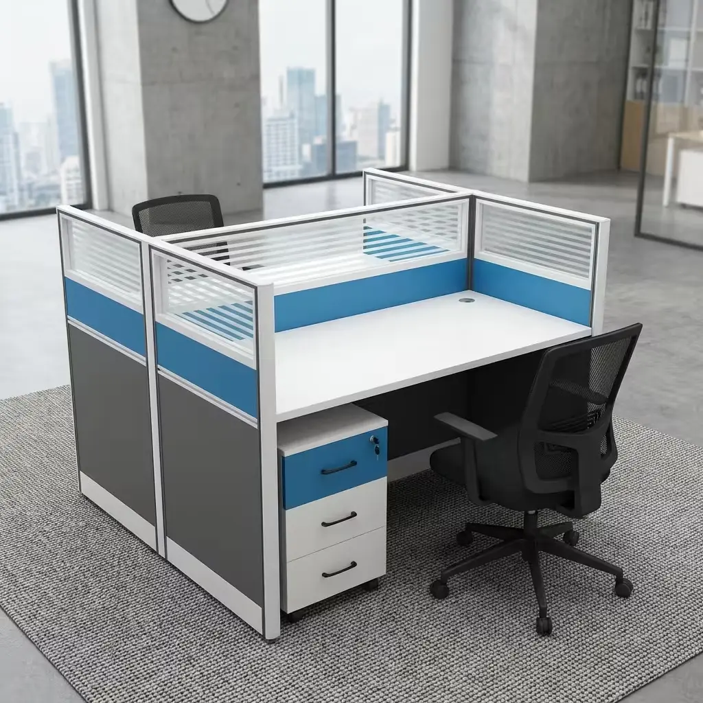 A Freestanding Modular Office Cubicle Configuration Featuring A White Desktop Surface, Blue And Gray Acoustic Privacy Panels, And A Matching Mobile File Drawer.
