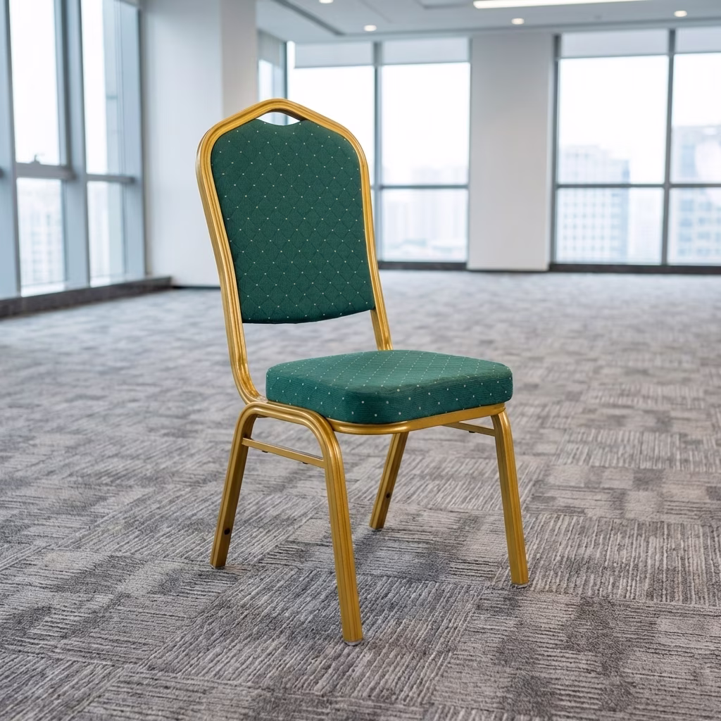 Premium Banquet Chair With Gold Metal Frame And Green Upholstered Seat For Conference Halls And Event Venues.
