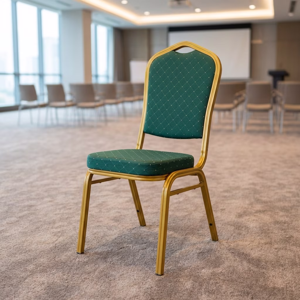 Premium Banquet Chair With Gold Metal Frame And Green Upholstered Seat For Conference Halls And Event Venues.