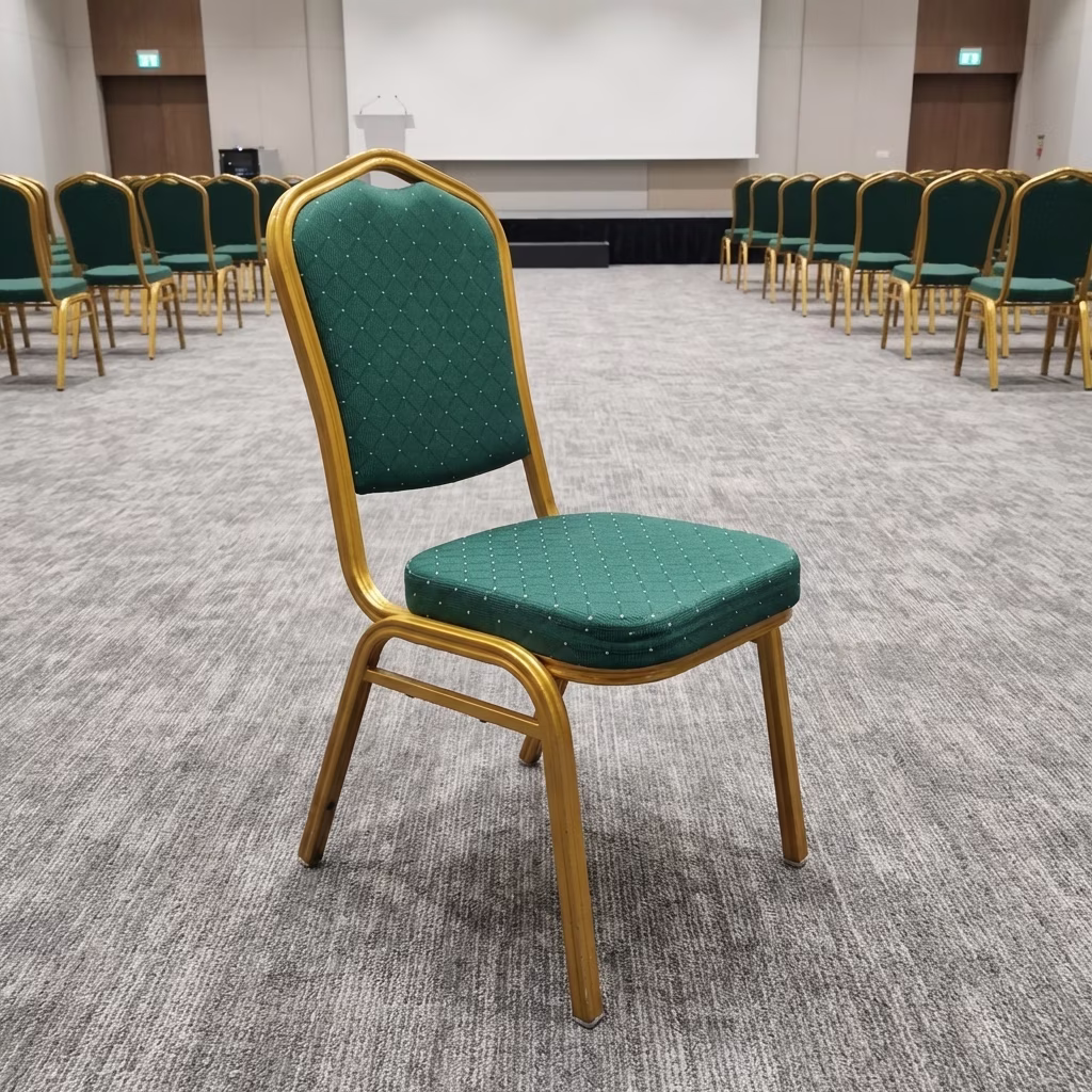 Premium Banquet Chair With Gold Metal Frame And Green Upholstered Seat For Conference Halls And Event Venues.