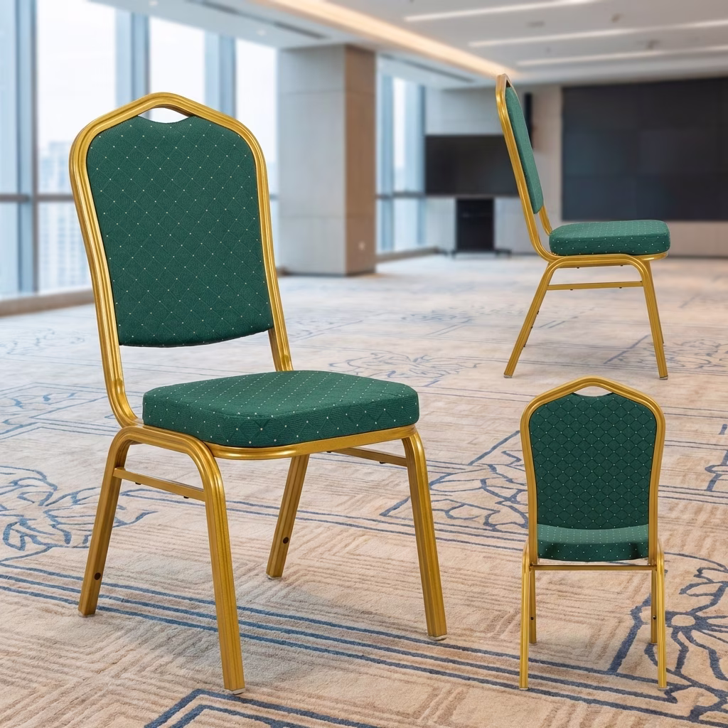 Premium Banquet Chair With Gold Metal Frame And Green Upholstered Seat For Conference Halls And Event Venues.