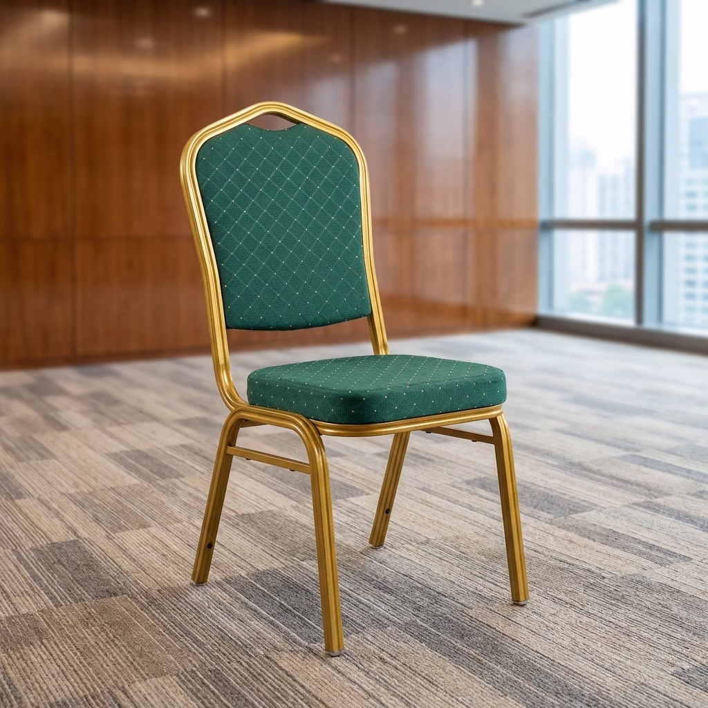 Premium Banquet Chair With Gold Metal Frame And Green Upholstered Seat For Conference Halls And Event Venues.