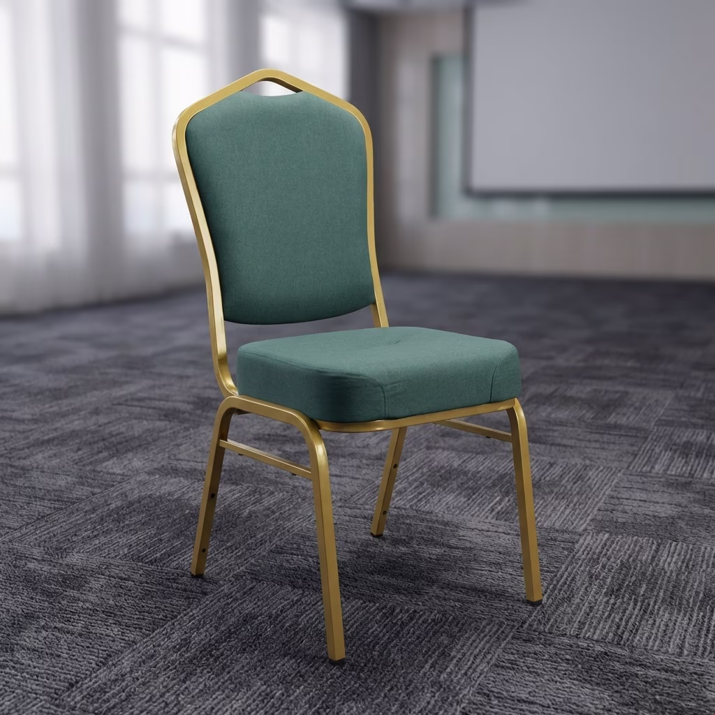 Deluxe Banquet Chair With Gold Metal Frame And Green Upholstered Seat Designed For Hotels, Conference Halls, And Event Venues.