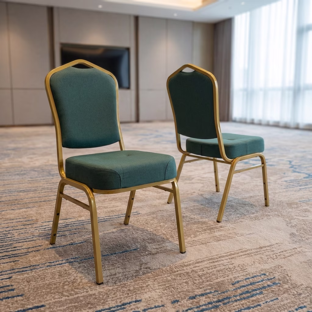 Deluxe Banquet Chair With Gold Metal Frame And Green Upholstered Seat Designed For Hotels, Conference Halls, And Event Venues.