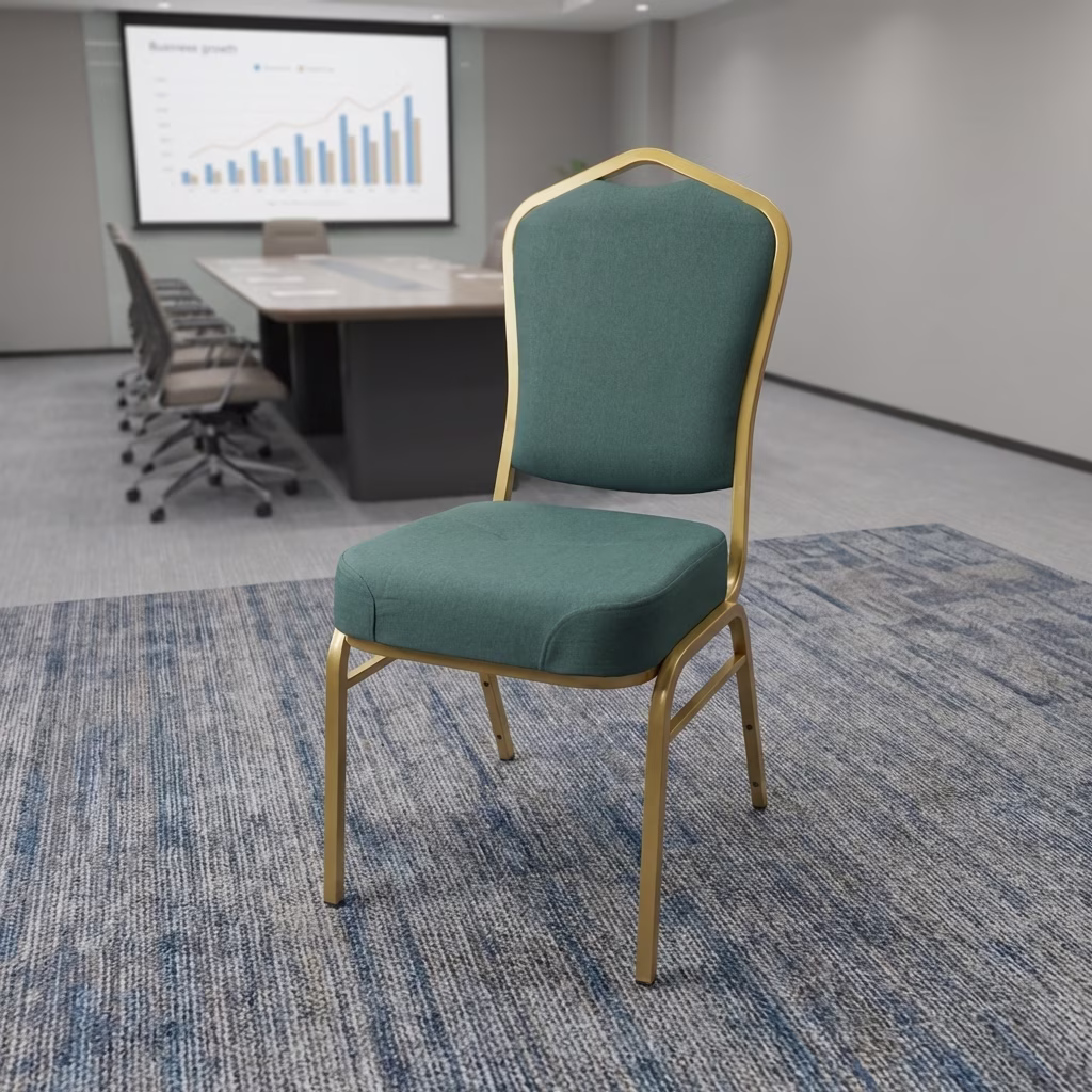 Deluxe Banquet Chair With Gold Metal Frame And Green Upholstered Seat Designed For Hotels, Conference Halls, And Event Venues.