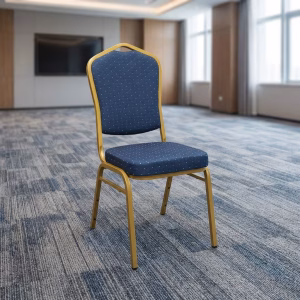 Luxury Banquet Chair with gold metal frame and blue upholstered seat designed for hotels, conference halls, and event venues.