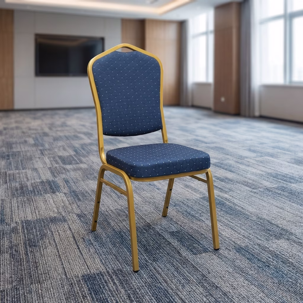 Luxury Banquet Chair With Gold Metal Frame And Blue Upholstered Seat Designed For Hotels, Conference Halls, And Event Venues.
