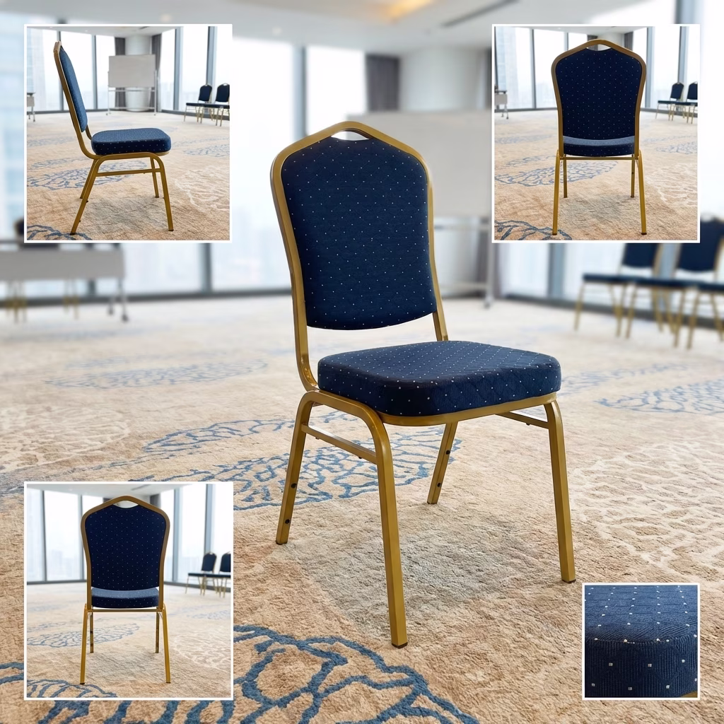 Luxury Banquet Chair With Gold Metal Frame And Blue Upholstered Seat Designed For Hotels, Conference Halls, And Event Venues.