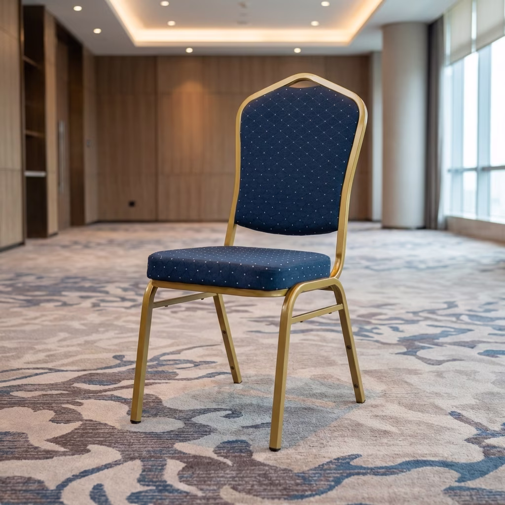Luxury Banquet Chair With Gold Metal Frame And Blue Upholstered Seat Designed For Hotels, Conference Halls, And Event Venues.