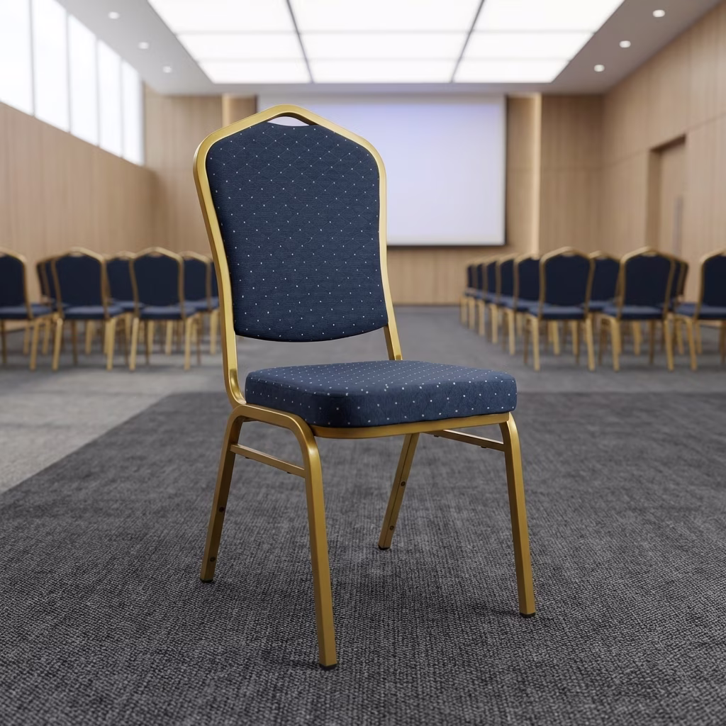 Luxury Banquet Chair With Gold Metal Frame And Blue Upholstered Seat Designed For Hotels, Conference Halls, And Event Venues.