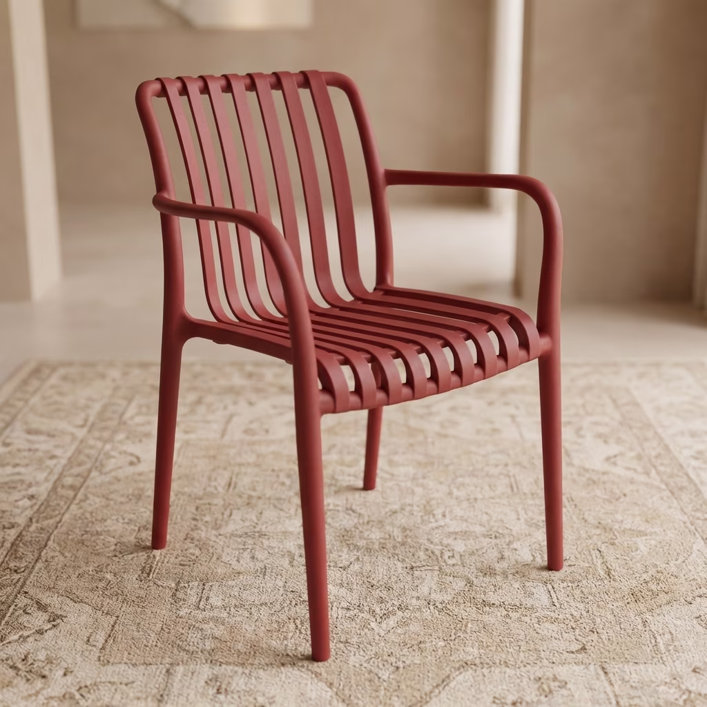 Stylish Plastic Armchair Made From Solid Plastic With Slatted Design And Armrests