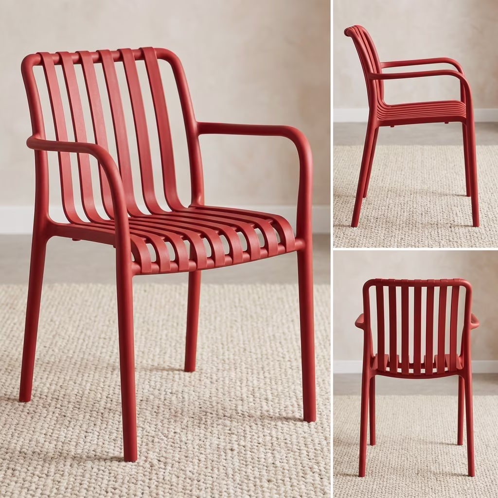 Stylish Plastic Armchair Made From Solid Plastic With Slatted Design And Armrests