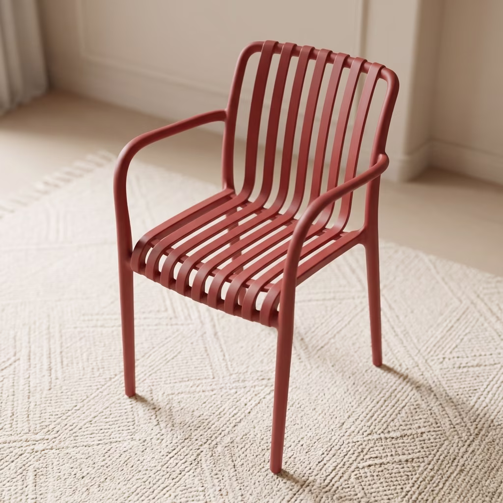 Stylish Plastic Armchair Made From Solid Plastic With Slatted Design And Armrests
