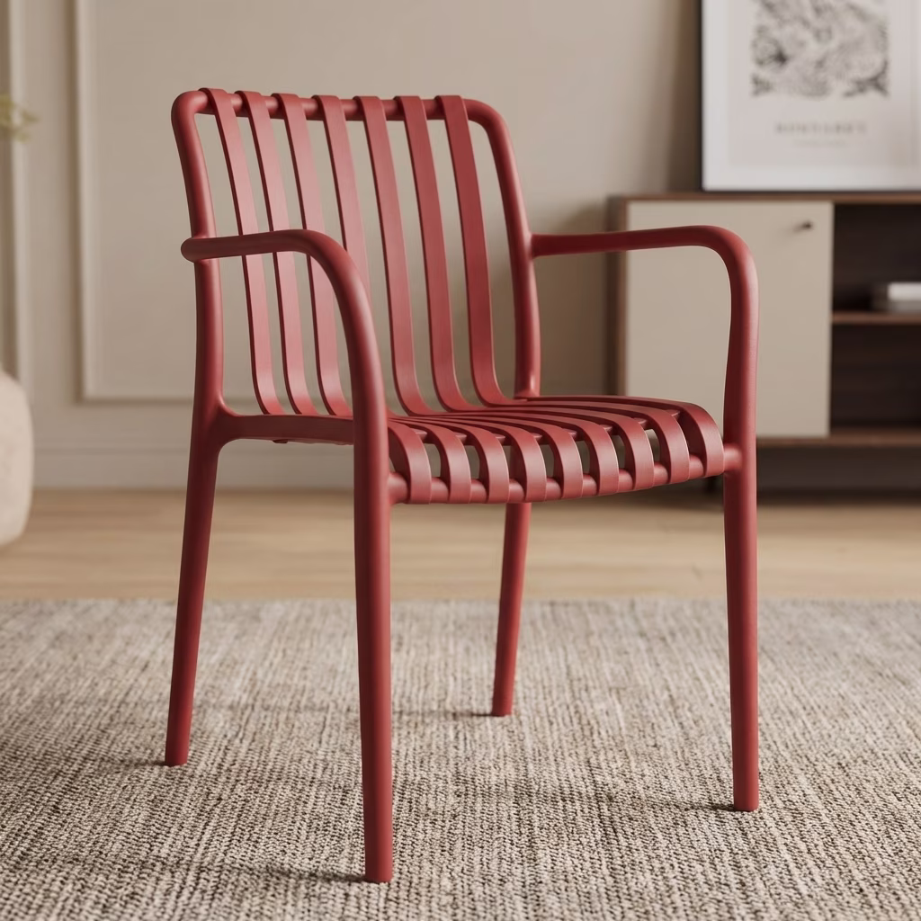 Stylish Plastic Armchair Made From Solid Plastic With Slatted Design And Armrests