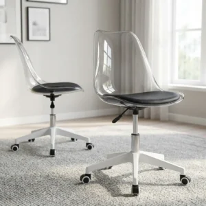 Clear Desk Chair Black with transparent acrylic seat and black cushion on a wheeled adjustable base for office or home workspace