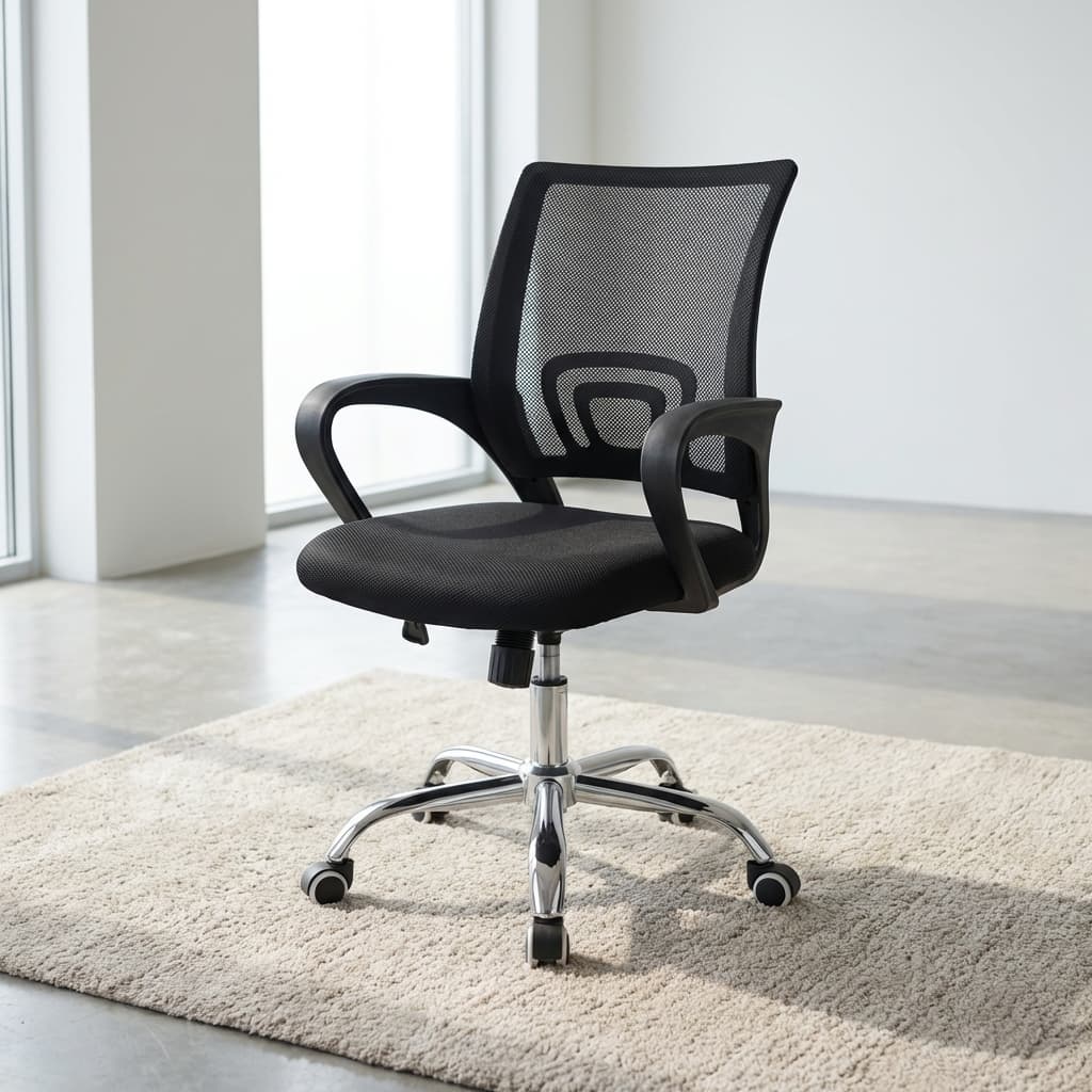 All-Black Mesh Home Office Chair Featuring Fixed Loop Armrests, An Integrated U-Shaped Lumbar Support Pad, And A Polished Chrome Five-Star Wheeled Base.