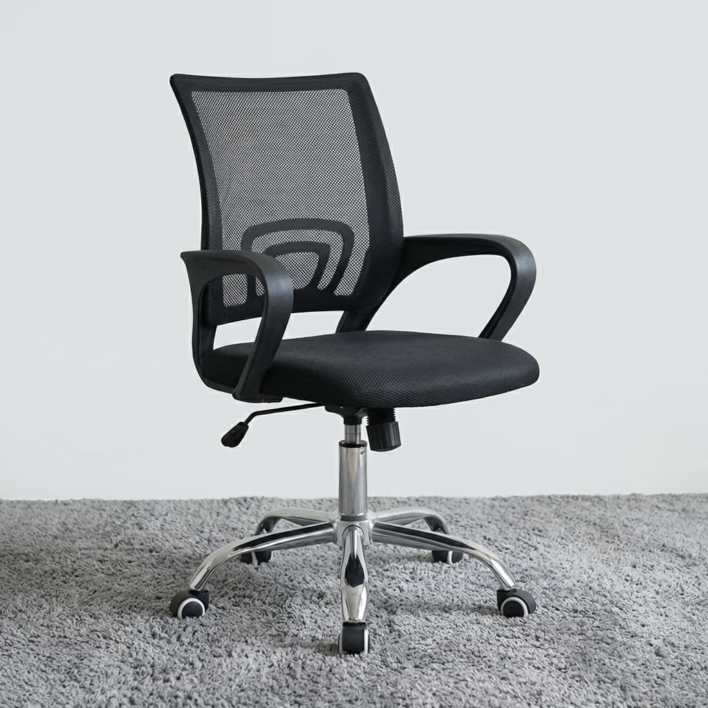 All-Black Mesh Home Office Chair Featuring Fixed Loop Armrests, An Integrated U-Shaped Lumbar Support Pad, And A Polished Chrome Five-Star Wheeled Base.