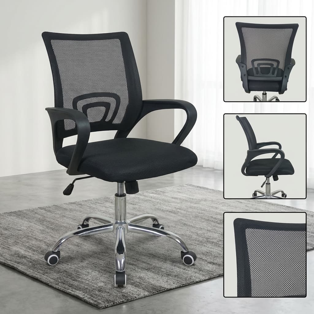 All-Black Mesh Home Office Chair Featuring Fixed Loop Armrests, An Integrated U-Shaped Lumbar Support Pad, And A Polished Chrome Five-Star Wheeled Base.