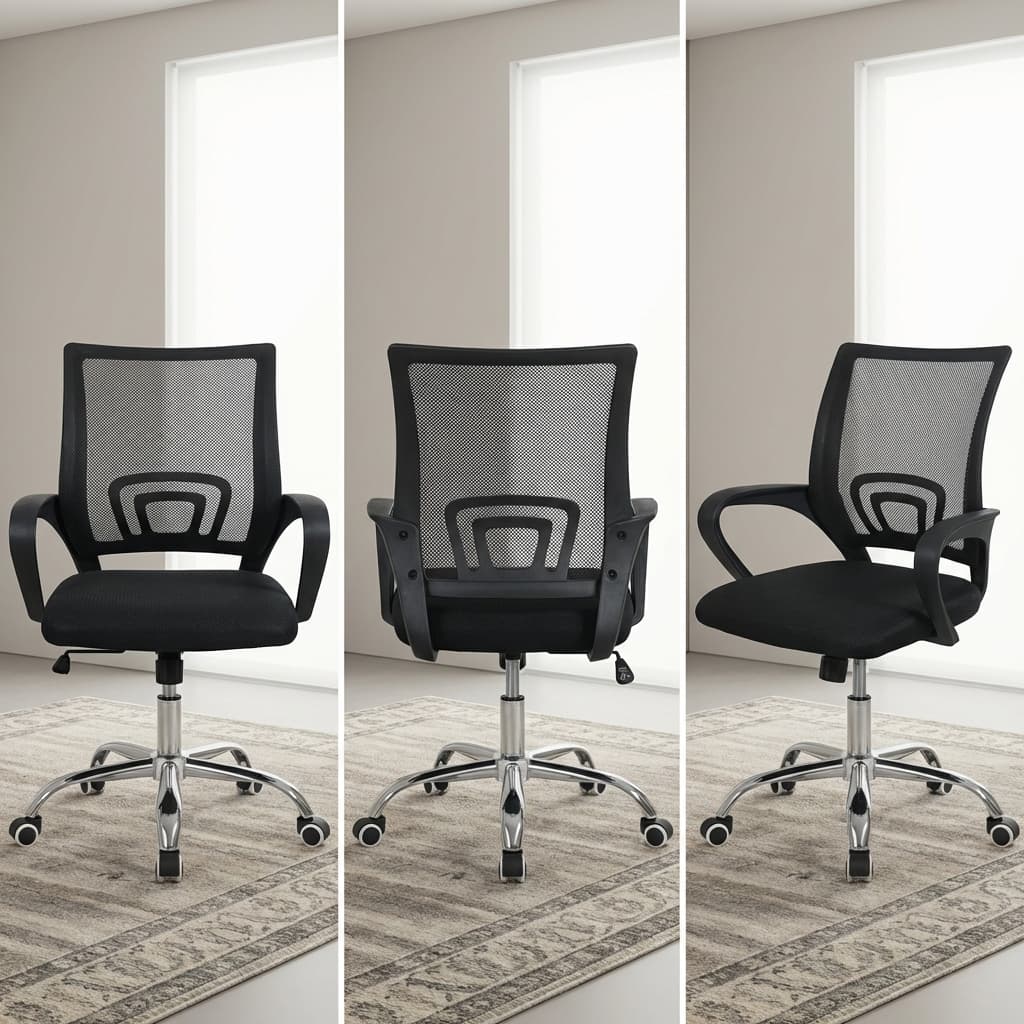 All-Black Mesh Home Office Chair Featuring Fixed Loop Armrests, An Integrated U-Shaped Lumbar Support Pad, And A Polished Chrome Five-Star Wheeled Base.