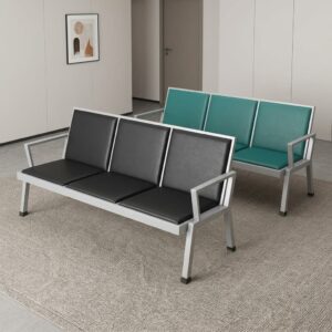 Comfort Pro Reception Bench with a powder-coated steel frame, three padded synthetic leather seats, ergonomic backrests, reinforced metal armrests, and a contemporary design for professional reception and waiting areas.