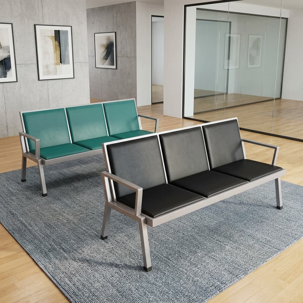 Comfort Pro Reception Bench With A Powder-Coated Steel Frame, Three Padded Synthetic Leather Seats, Ergonomic Backrests, Reinforced Metal Armrests, And A Contemporary Design For Professional Reception And Waiting Areas.