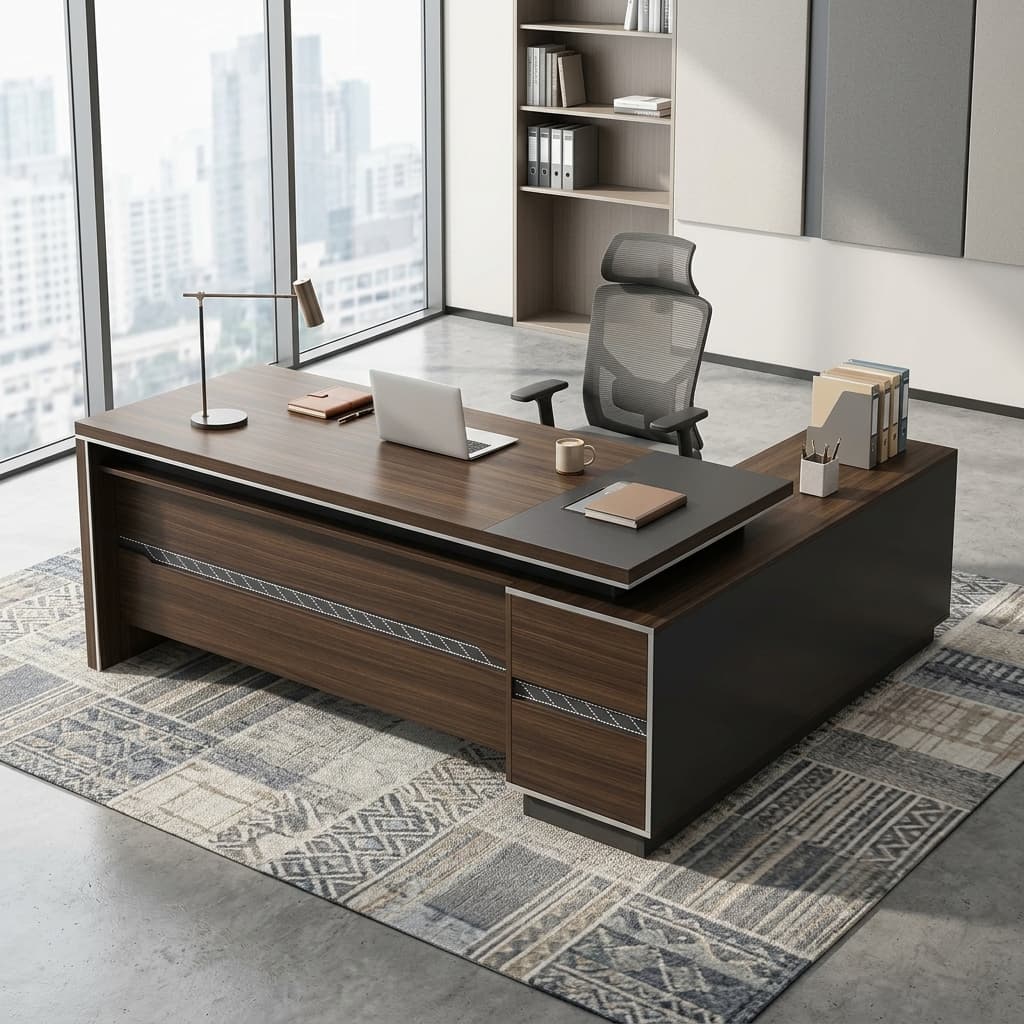 Prestige Executive Office Desk Showing A 1.8-Meter L-Shaped Wooden Executive Workstation With Dark Wood Grain Veneer, Charcoal Gray Side Credenza, And A Black Desk Blotter Inlay In A High-Rise Office.