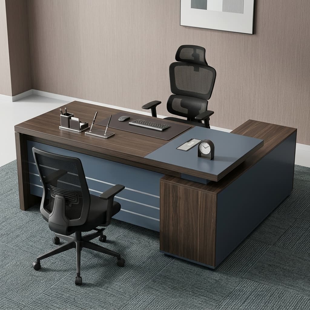 Executive Corner Desk With Dark Wood-Grain Engineered Wood Surfaces, Contrasting Charcoal Panels, L-Shaped Desktop, Integrated Side Storage, Cable Grommet, And Full Front Modesty Panel With Metallic Detailing.