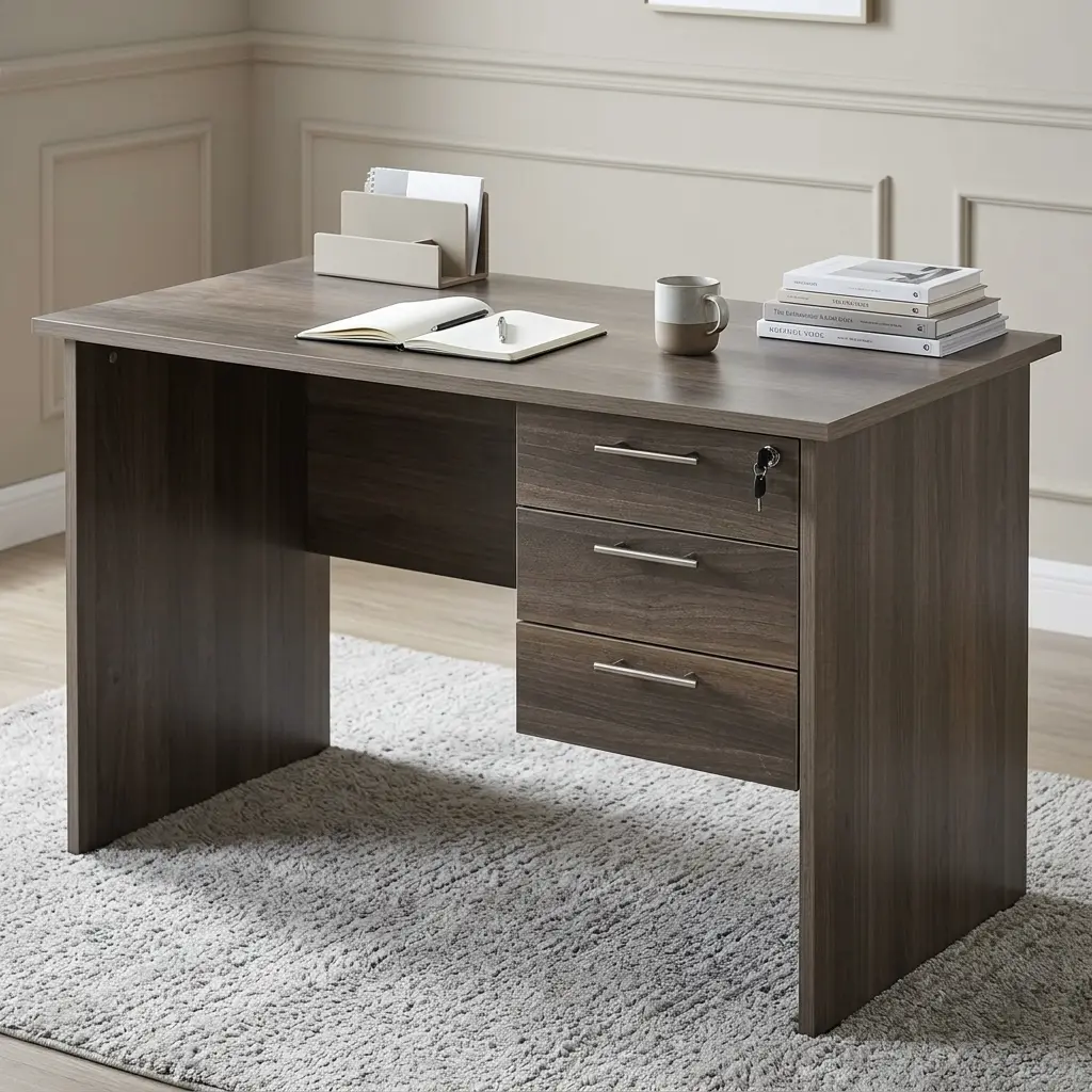 Gray Wood-Grain 1M Office Desk Featuring A Flat Rectangular Top, Three Stacked Side Drawers With Silver Bar Handles, A Top-Drawer Key Lock, And Paneled Legs.