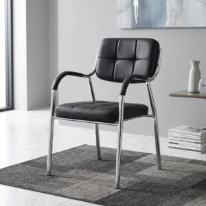Elite Comfort Visitor Chair featuring black tufted faux leather seat and back cushion, curved padded armrests, and a sleek chrome-plated tubular steel frame in an office lobby.