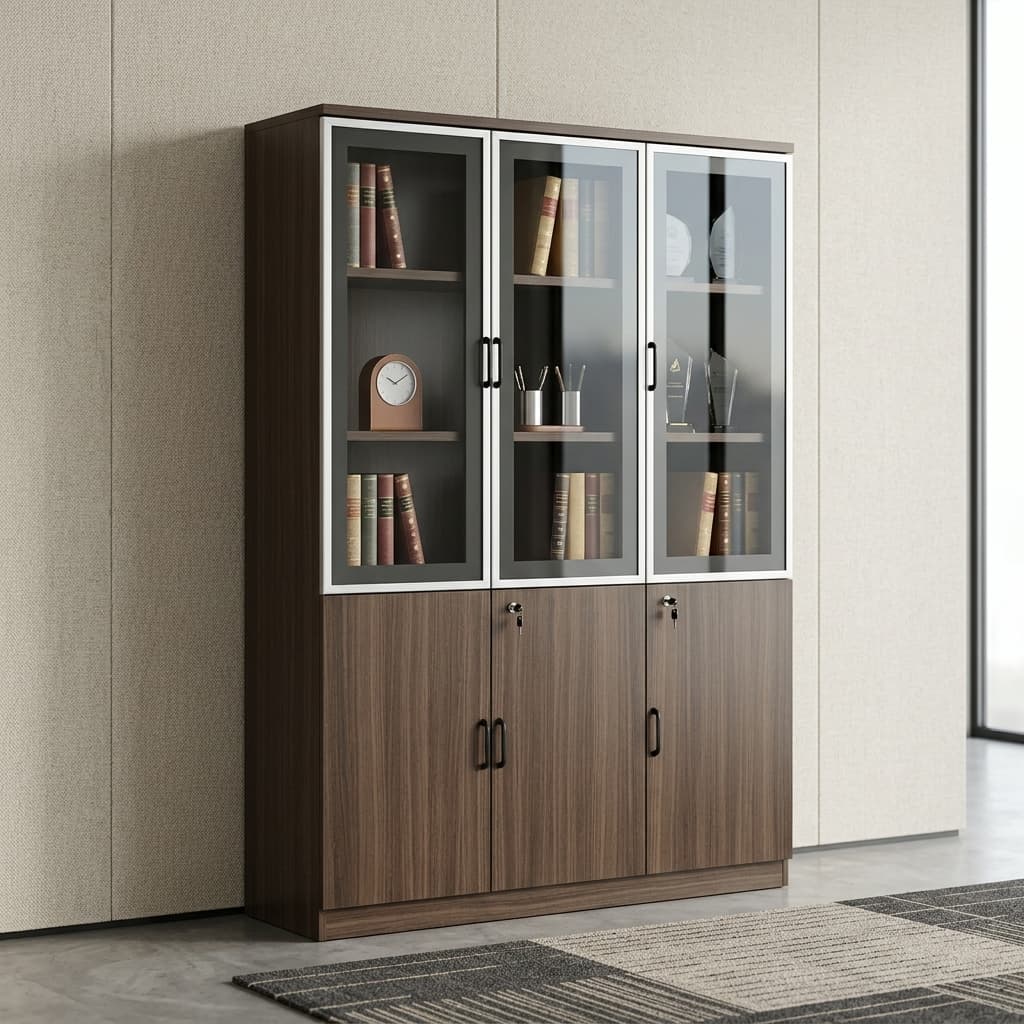 Prestige Secure Storage Cabinet Featuring A Wood-Grain Engineered Wood Frame, Tempered Glass Display Doors, Lockable Lower Cabinets, Spacious Shelving, And Modern Black Metal Handles For Professional Office Storage.