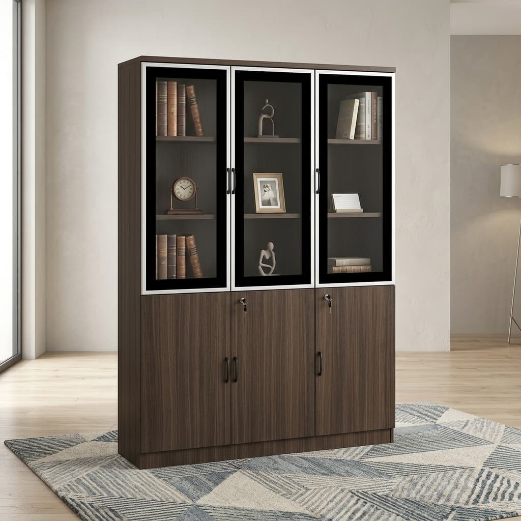 Prestige Secure Storage Cabinet Featuring A Wood-Grain Engineered Wood Frame, Tempered Glass Display Doors, Lockable Lower Cabinets, Spacious Shelving, And Modern Black Metal Handles For Professional Office Storage.