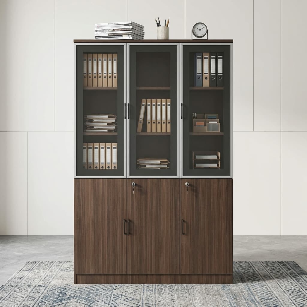 Prestige Secure Storage Cabinet Featuring A Wood-Grain Engineered Wood Frame, Tempered Glass Display Doors, Lockable Lower Cabinets, Spacious Shelving, And Modern Black Metal Handles For Professional Office Storage.