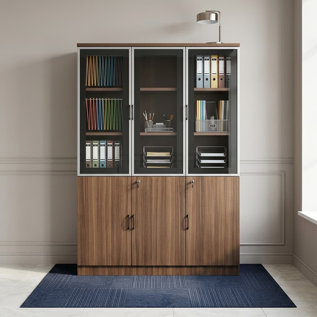 Prestige Secure Storage Cabinet Featuring A Wood-Grain Engineered Wood Frame, Tempered Glass Display Doors, Lockable Lower Cabinets, Spacious Shelving, And Modern Black Metal Handles For Professional Office Storage.